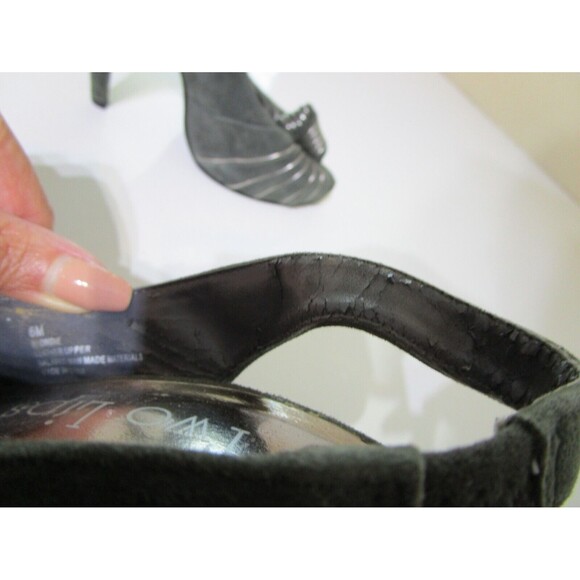 Two Lips Womens Pumps Size 6 Green Silver Velour Peek A Boo Toe Heels - Picture 5 of 9